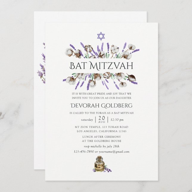 Watercolor Cotton Lavender Bat Mitzvah Invitation (Front/Back)