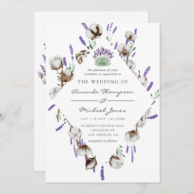Watercolor Cotton Lavender Country Wedding Invitation (Front/Back)