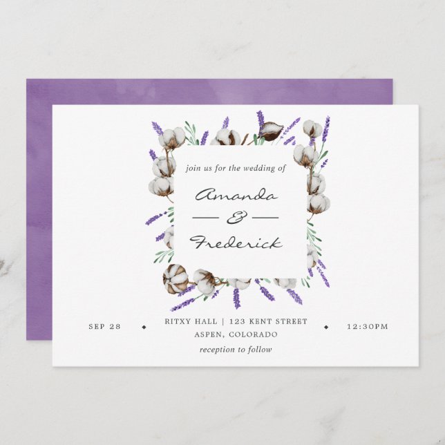 Watercolor Cotton Lavender Country Wedding Invitation (Front/Back)