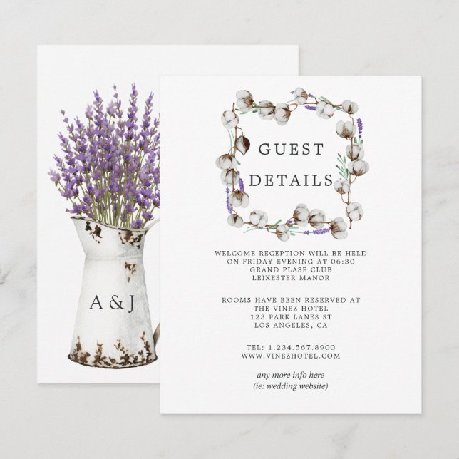 Watercolor Cotton Lavender Wedding Guest Details E Enclosure Card (Front/Back)