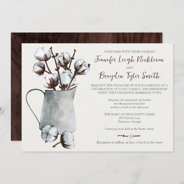 Watercolor Cotton Stems in Grey Pitcher Wedding Invitation (Front/Back)