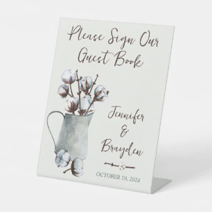 Watercolor Cotton Stems in Grey Pitcher Wedding Pedestal Sign