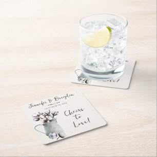 Watercolor Cotton Stems in Grey Pitcher Wedding Square Paper Coaster