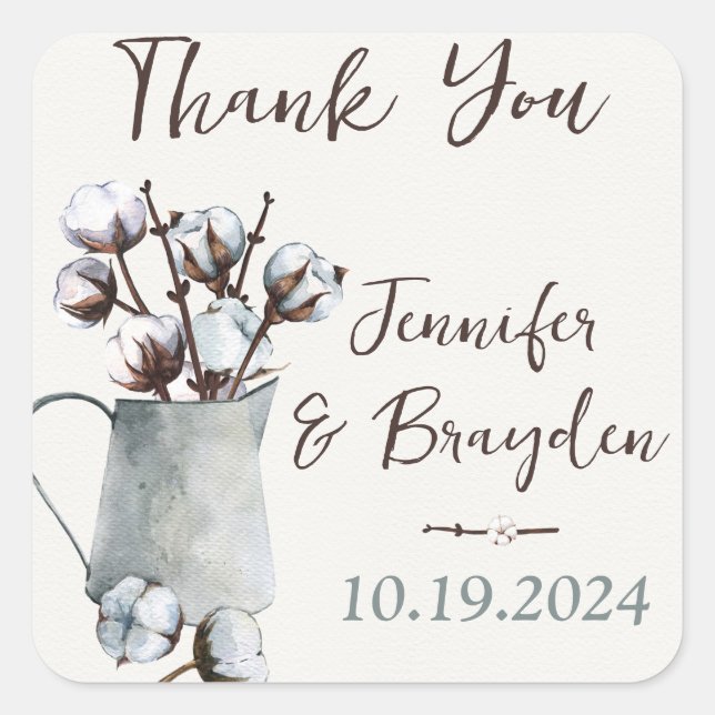 Watercolor Cotton Stems in Grey Pitcher Wedding Square Sticker (Front)