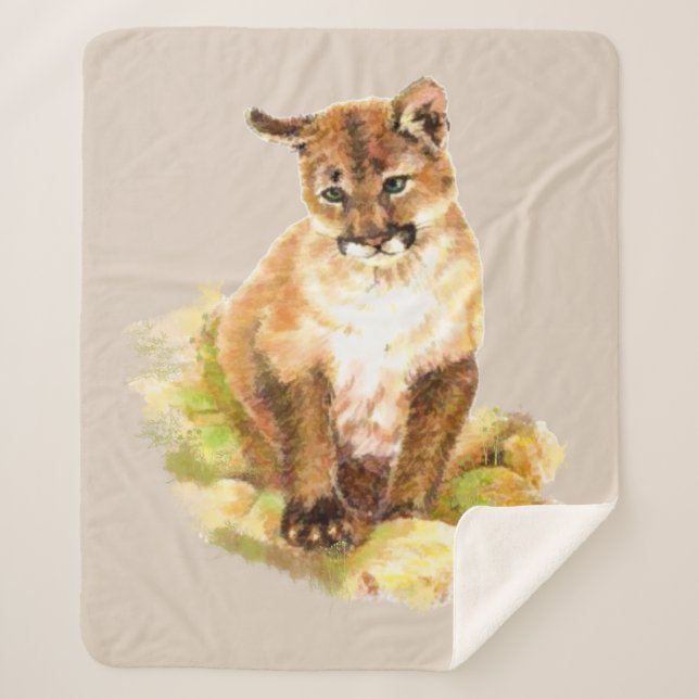 Watercolor Cougar Kitten Mountain Lion Wildlife  Sherpa Blanket (Front)