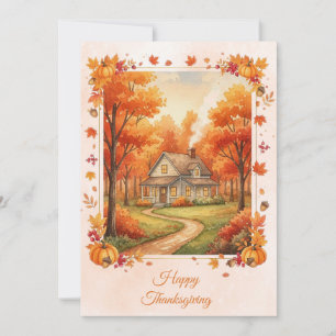Watercolor Country Cabin Thanksgiving  Holiday Card