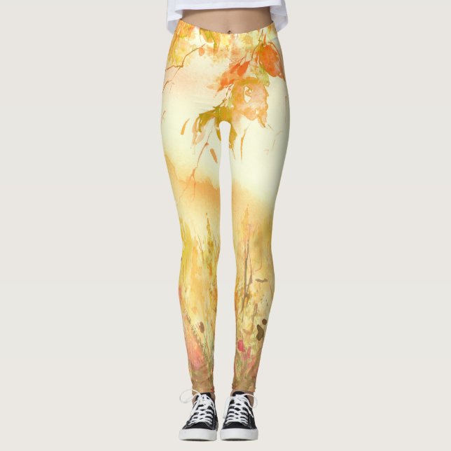 Watercolor Country Forest Landscape Art Leggings (Front)