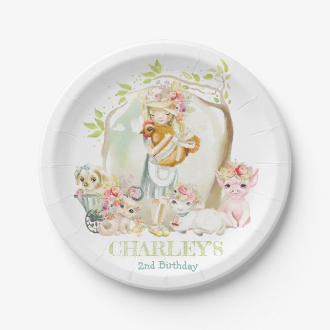 Watercolor Country Girl Farm Animal Birthday Party Paper Plate (Front)