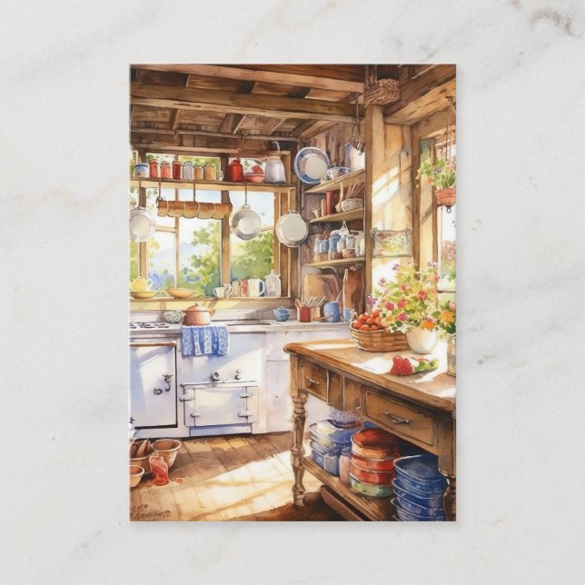 Watercolor Country Kitchen Background Business Card (Front)