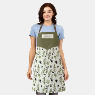 Watercolor Country Olive Pattern Monogram Name Apron