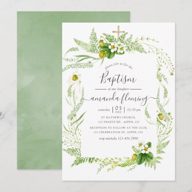 Watercolor Country Rustic Greenery Baptism Invitation (Front/Back)