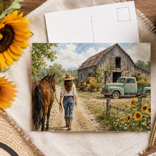 Watercolor Country Scene Horse Rustic Barn Flowers Postcard