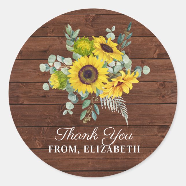 Watercolor Country Sunflower Thank You Classic Round Sticker (Front)