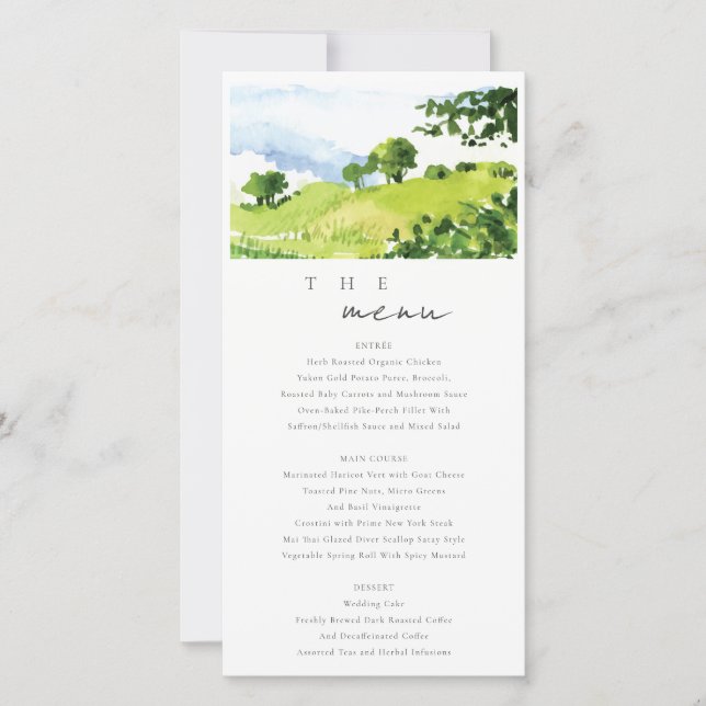 Watercolor Countryside Hills Wedding Menu Card (Front)