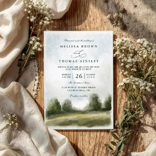 Watercolor Countryside Landscape QR Code Wedding Invitation