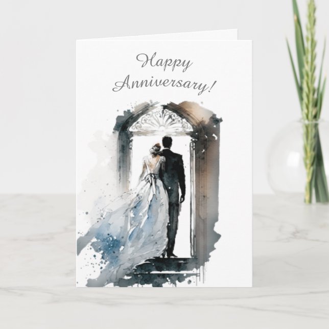 Watercolor Couple 1st Year Wedding Anniversary Holiday Card (Front)