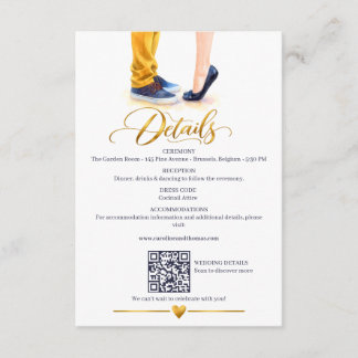 Watercolor Couple Navy Gold Wedding Details QR Enclosure Card