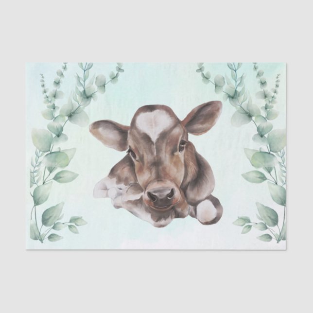 Watercolor Cow Baby Calf Eucalyptus  Tissue Paper (Front)