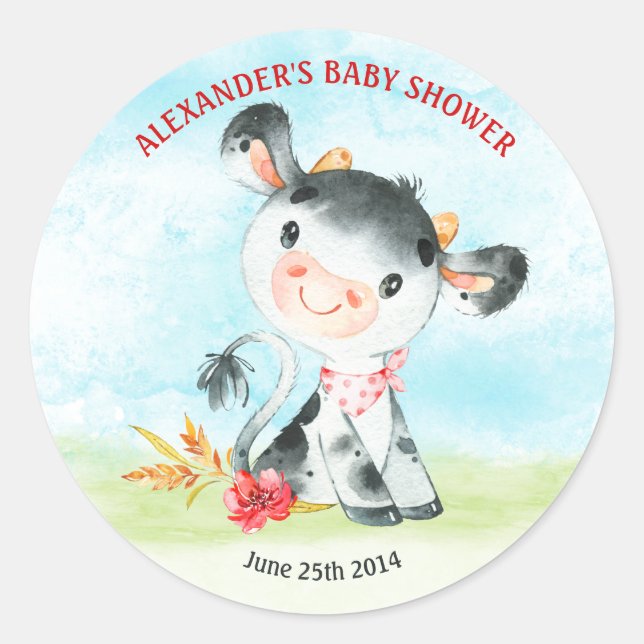Watercolor Cow Baby Shower Farm Classic Round Sticker (Front)