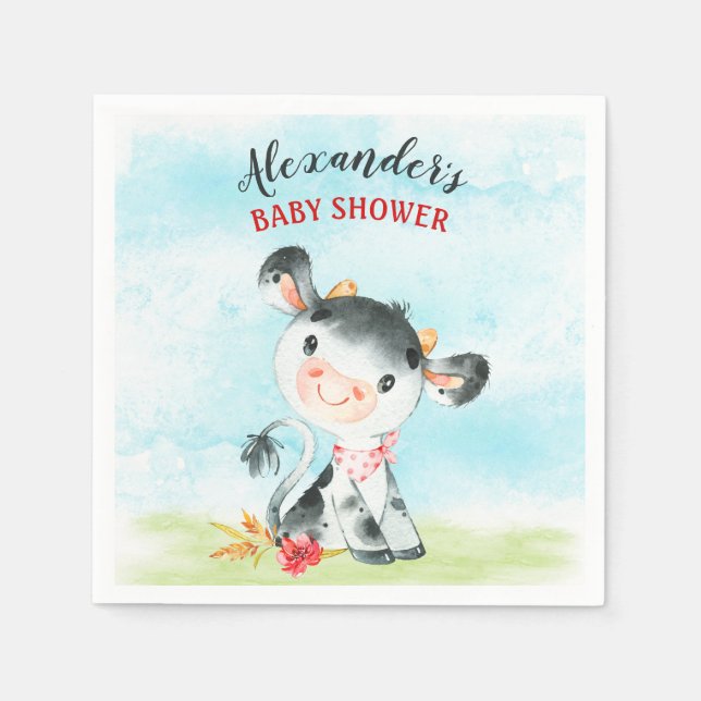 Watercolor Cow Baby Shower Farm Napkin (Front)