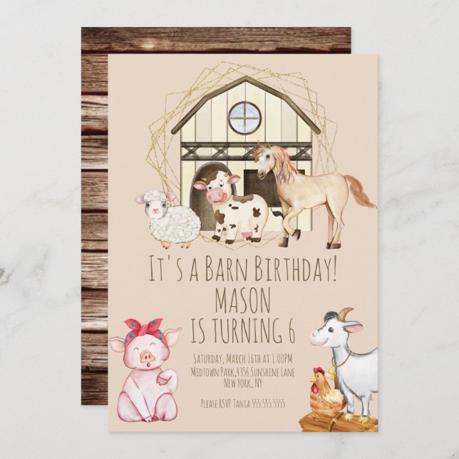 Watercolor Cow Barn Animals Farm Birthday Invitation (Front/Back)