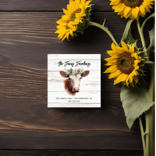 Watercolor Cow Farmhouse Floral QR code Square Business Card