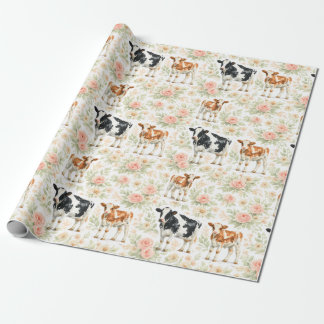 Watercolor Cow Floral Baby Shower Calf Wrapping Paper