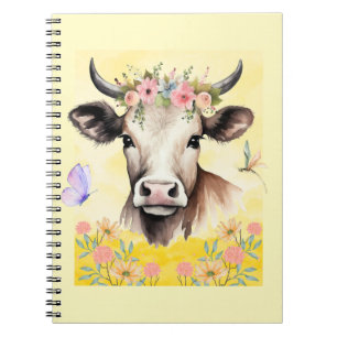 Watercolor Cow Flowers in a Meadow Notebook