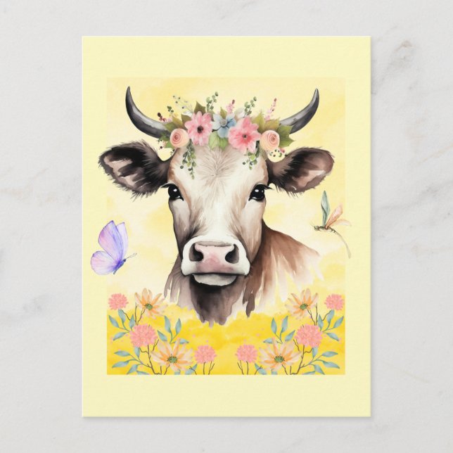 Watercolor Cow Flowers in a Meadow Postcard (Front)
