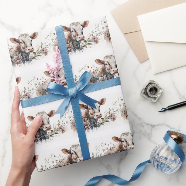 Watercolor Cow In Flowers Wrapping Paper (Gifting)