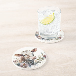 Watercolor Cow In Wildflowers Coaster