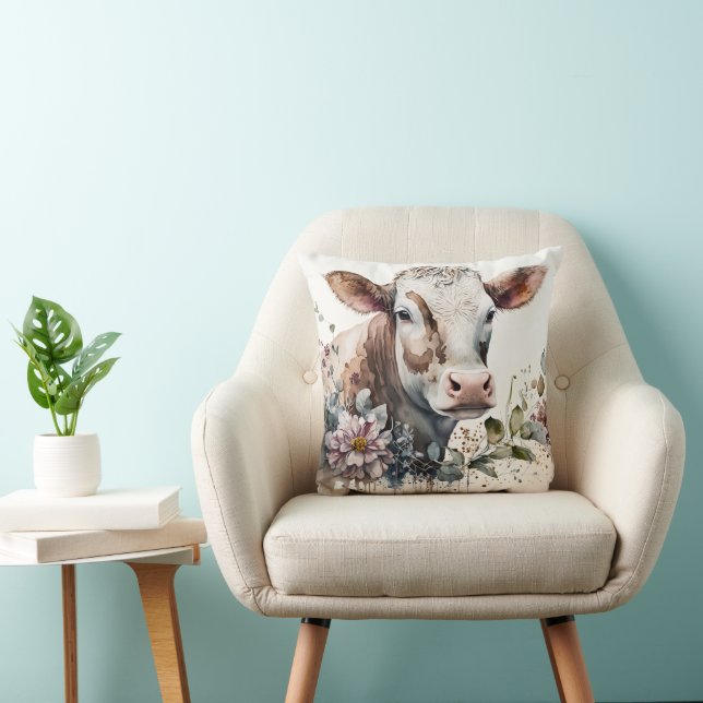 Watercolor Cow In Wildflowers Cushion (Chair)