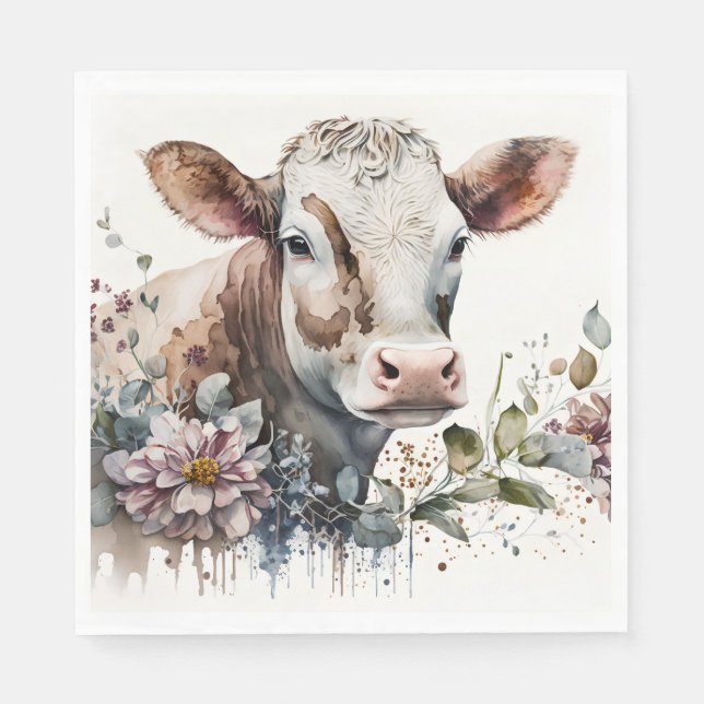Watercolor Cow In Wildflowers Napkin (Front)
