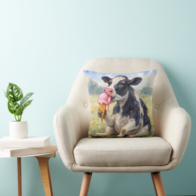 Watercolor Cow Licking an Ice Cream Cone Cushion (Chair)