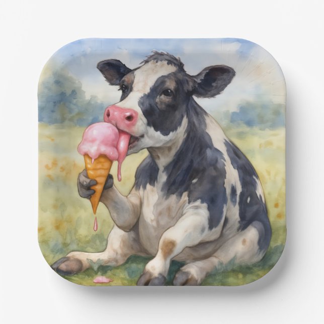 Watercolor Cow Licking an Ice Cream Cone Paper Plate (Front)