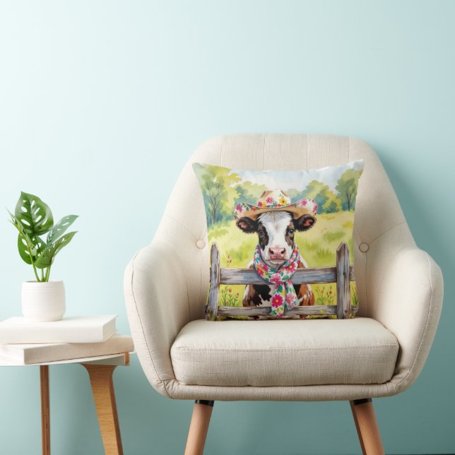 Watercolor Cow Wearing a Summer Hat Cushion (Chair)