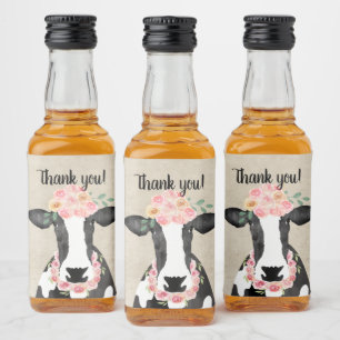 Watercolor Cow with Floral Crown Liquor Bottle Label