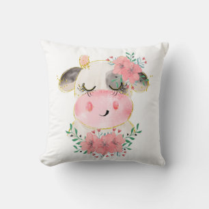 Watercolor Cow with Florals Throw Pillow