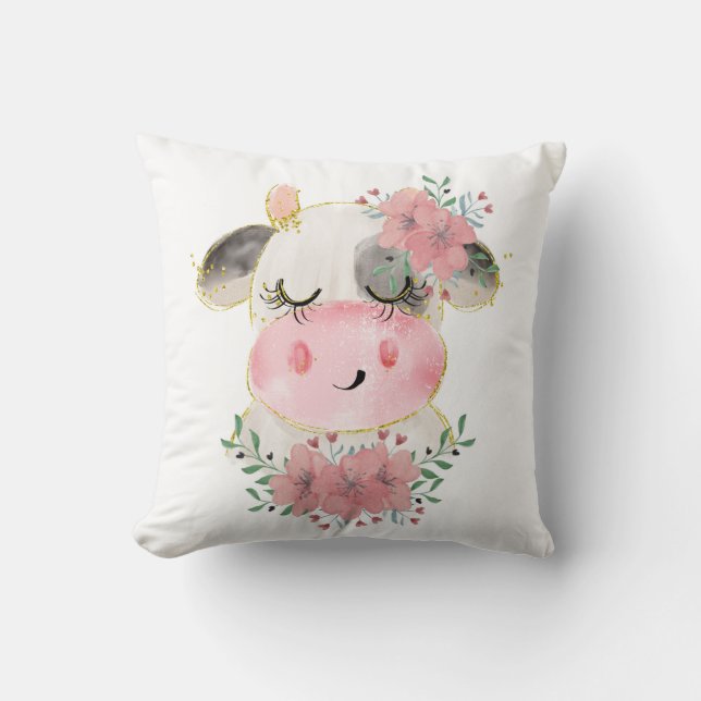 Watercolor Cow with Florals Throw Pillow (Front)