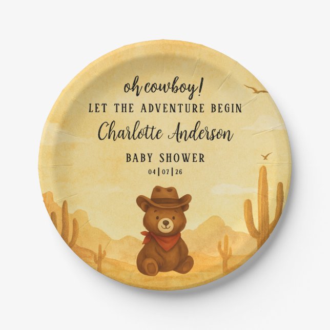 Watercolor Cowboy Baby Shower Boy Paper Plate (Front)