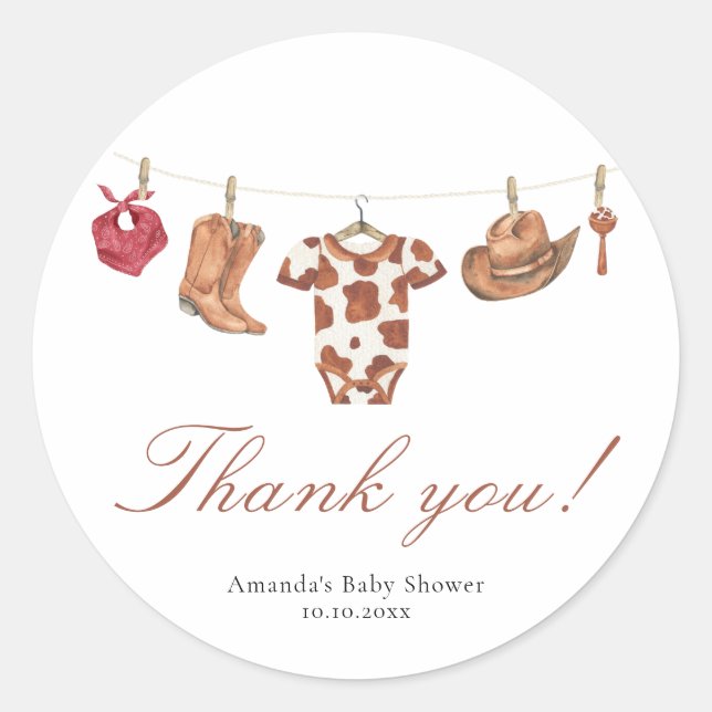 Watercolor cowboy Baby Shower Thank you Classic Round Sticker (Front)