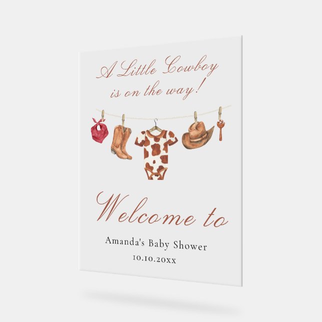 Watercolor Cowboy Western Baby shower Welcome Acrylic Sign (Angle)