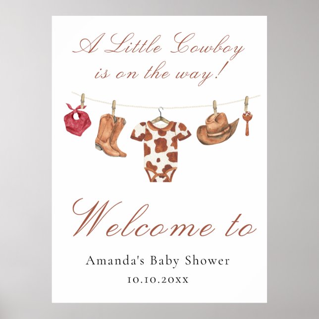 Watercolor Cowboy Western Baby shower Welcome Poster (Front)