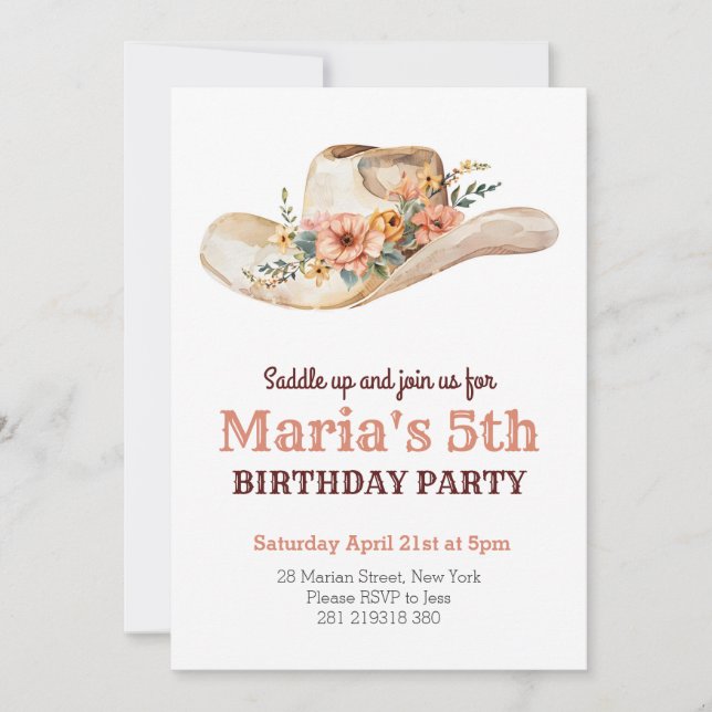 Watercolor Cowgirl Hat Rodeo Western Birthday  Invitation (Front)