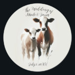 Watercolor Cows Minimal Rustic Wedding Classic Round Sticker<br><div class="desc">Customise with any text.</div>