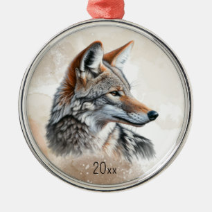 Watercolor Coyote Country Cottagecore Rustic Print Metal Tree Decoration
