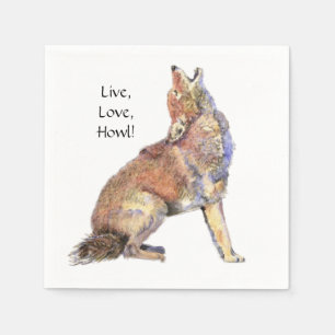 Watercolor Coyote Live, Love, Howl Fun Life Quote Napkin