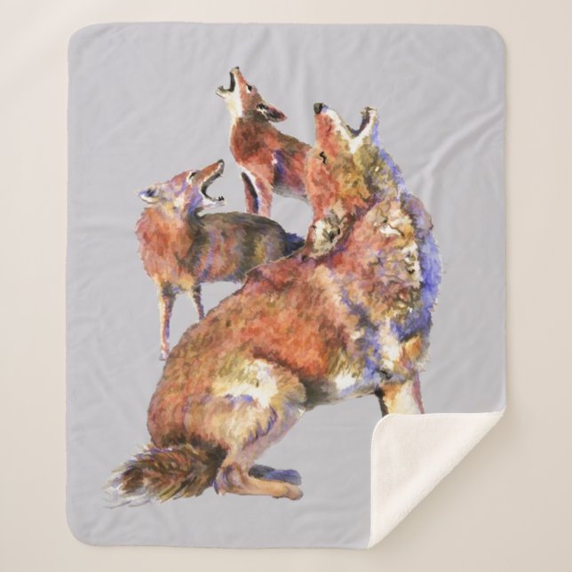 Watercolor Coyotes Wildlife Nature Animal Art Sherpa Blanket (Front)