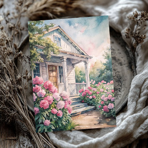 Watercolor cozy white house pink peonies tissue paper