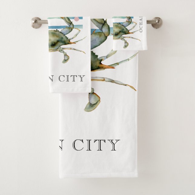 WATERCOLOR CRAB, BEACH TOWN, OCEAN CITY BATH TOWEL SET (Insitu)